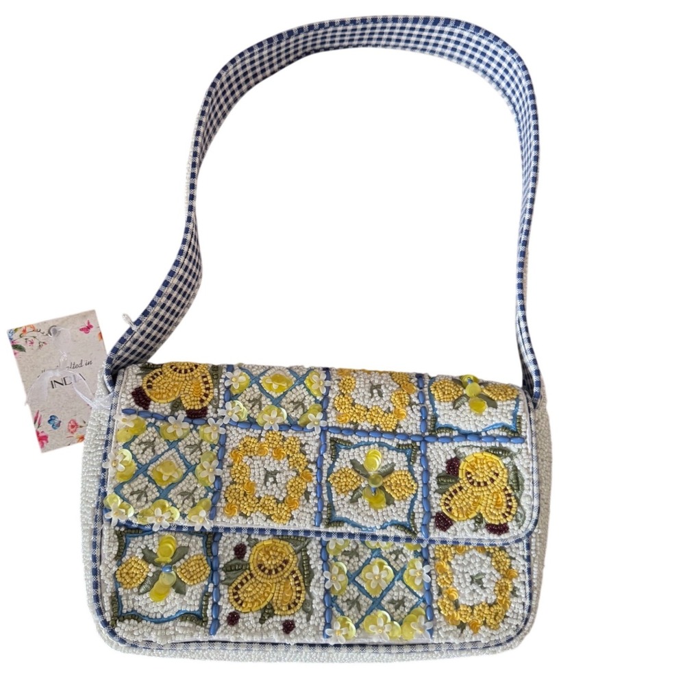 Viral Lemon Vine Beaded Gingham Blue White Strap Interior Shoulder Bag New